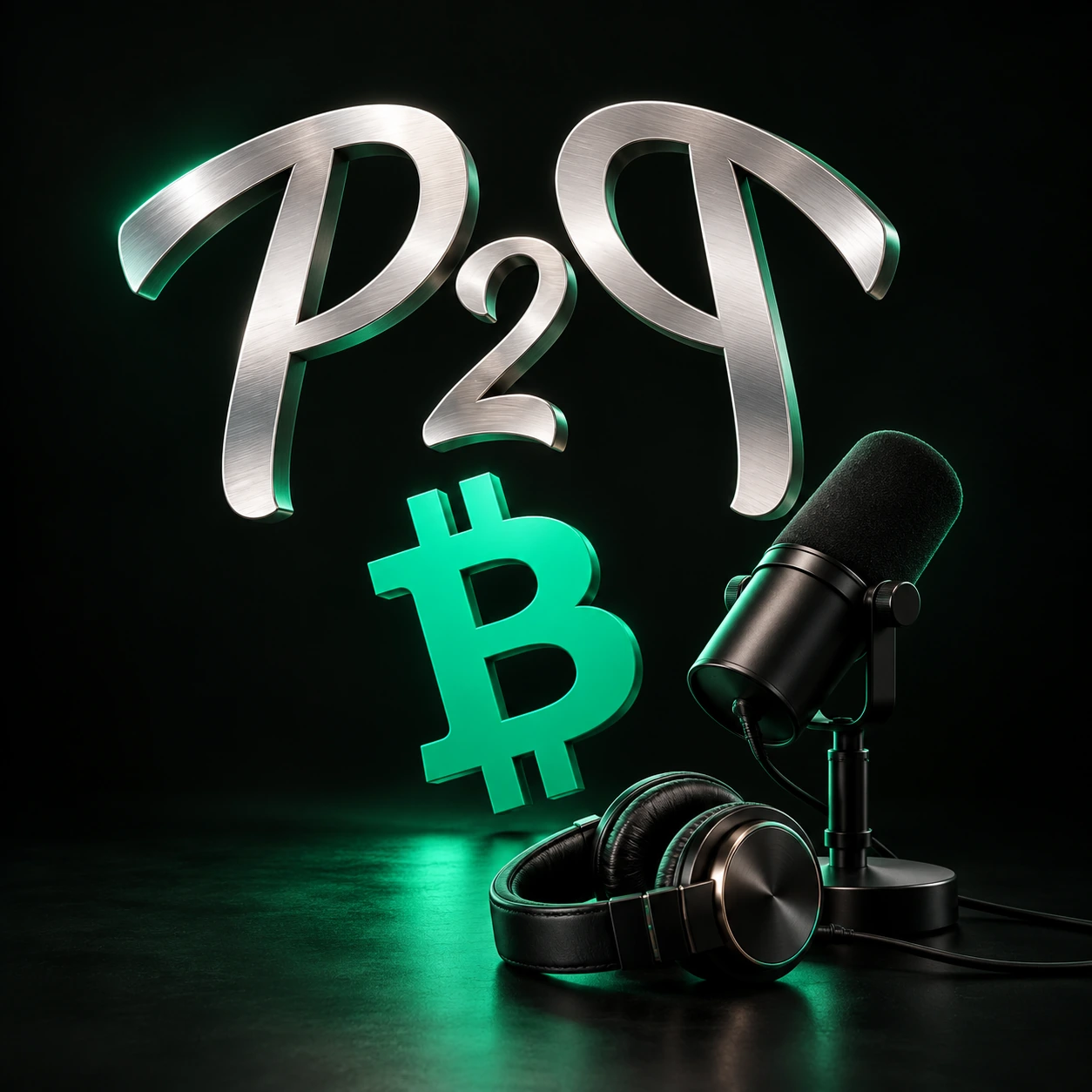 Identidad de La Economía P2P en plata y verde junto a un micrófono y auriculares de estudio